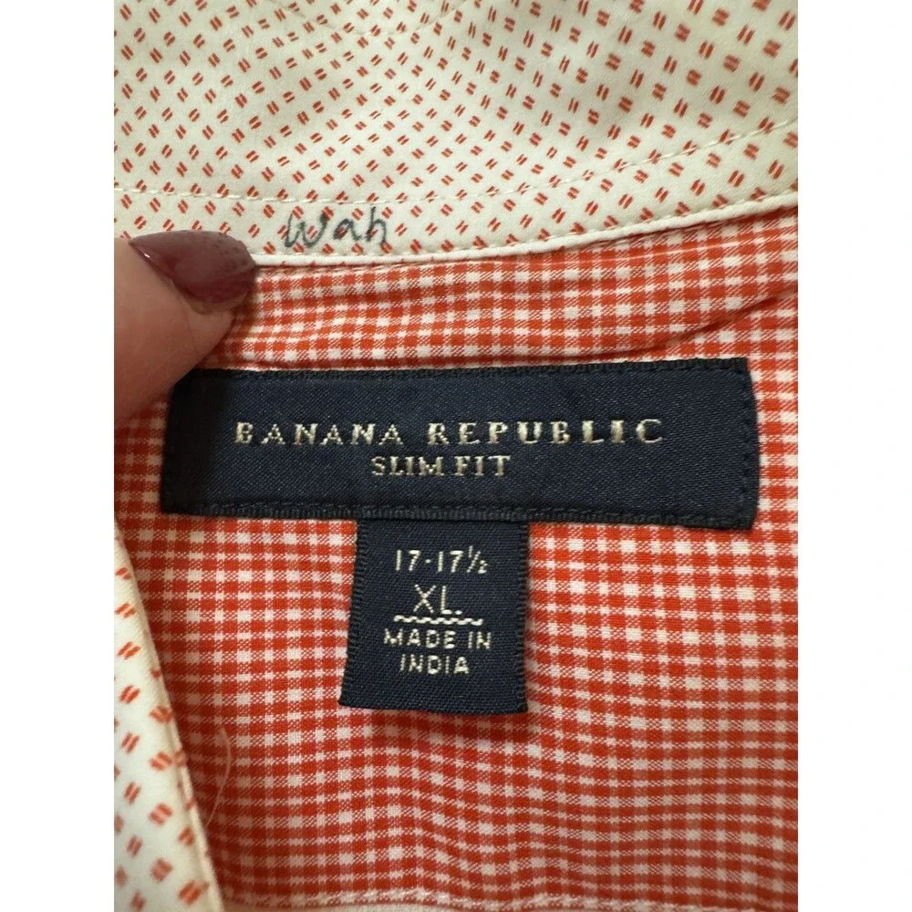 Banana Republic Shirt Men XL Slim Fit Short Sleeve Orange White Micro print EUC